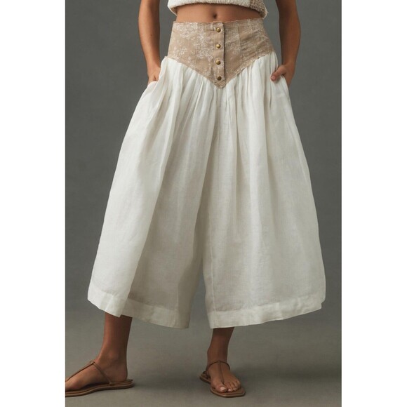 Anthropologie Pants - Anthropologie Culottes Pants Linen Jacquard Basque-Waist Cottagecore Boho 6 NWT